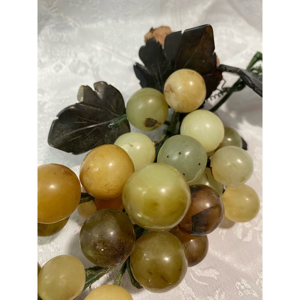 Grape Cluster Vintage Mid-Century Carved Stone W/ Wood Stem & Metal Leaves